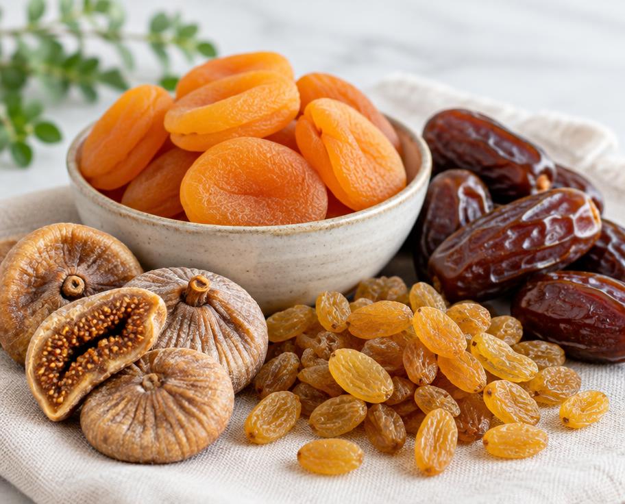 A selection of dried apricots, figs, golden raisins and dates