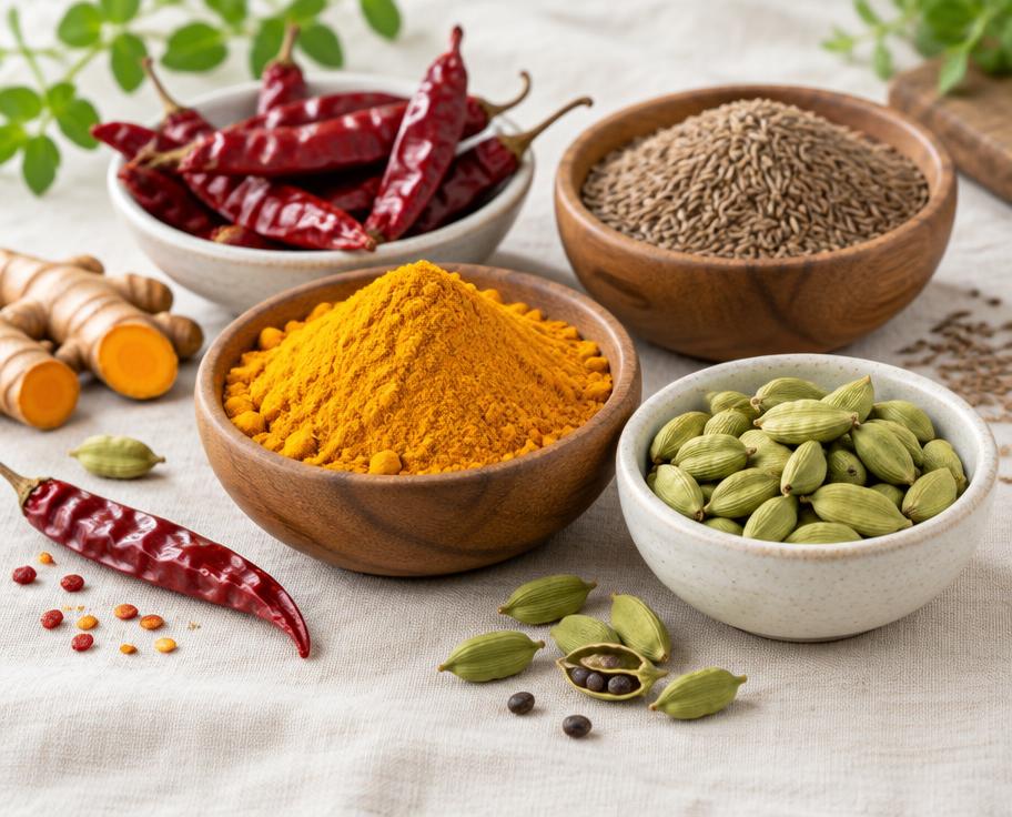 Turmeric, cumin seeds, cardamom and dried red chilli