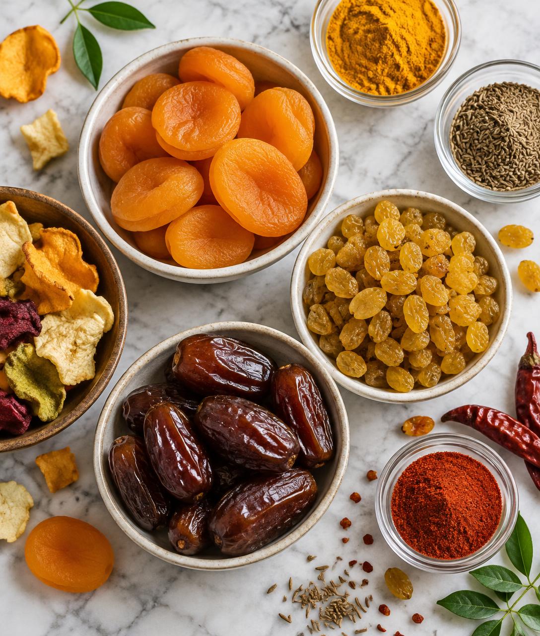 An assortment of dried apricots, raisins, dates, vegetable chips and spices