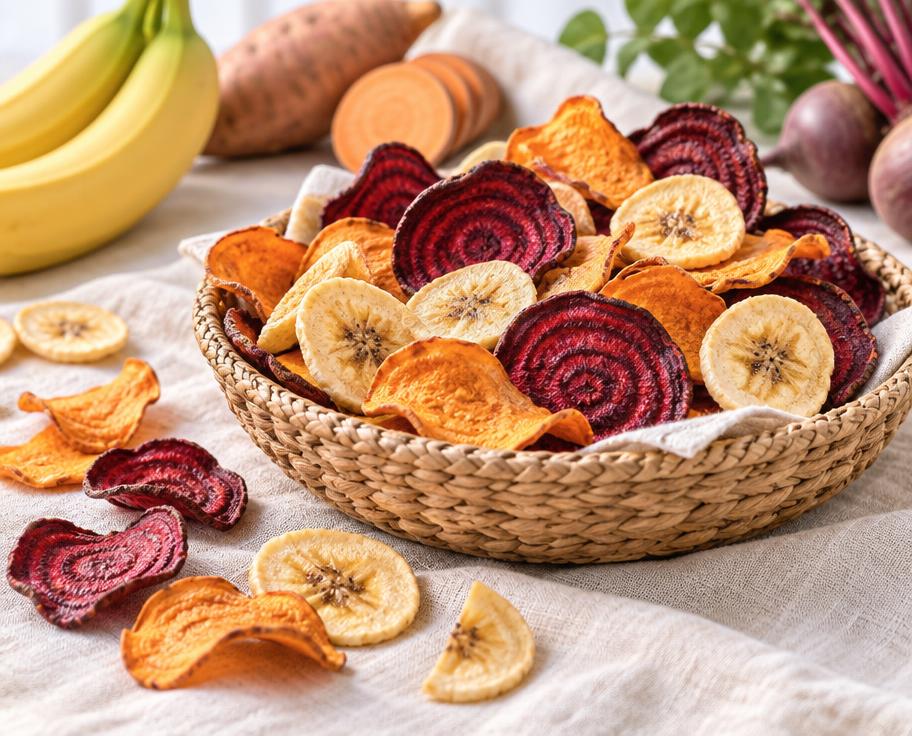 Colorful dried banana, sweet potato and beetroot chips